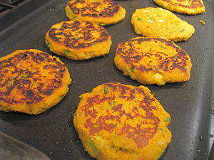 vegan sweet potato recipe cakes with corn and yogurt sauce