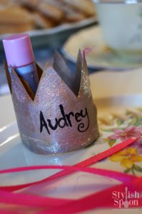 Pink princess birthday party table setting afternoon tea crown place card favors
