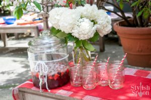 4th of july drinks - sangria white hydrangeas and mason jar glasses