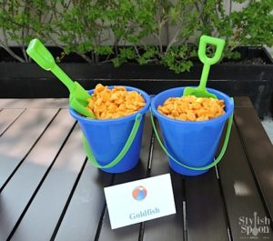 pool party beach theme goldfish snacks menu bucket and shovel serving bowls