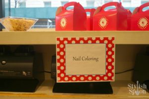 We had different stations set up around the salon and had 2 art projects for the girls while they were waiting to get their nails done and/or for anyone who didn't want their nails painted (PS everyone ended up getting at least a mani). Coloring nail printouts was an easy art project to put together.