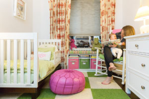 pink and green nursery, cheerful kids room, storage solutions