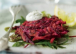 Beet Pancakes with Creamy Yogurt-Dill Sauce